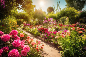 Fototapeta na wymiar Paradise garden full of flowers, beautiful idyllic background with many flowers in Eden