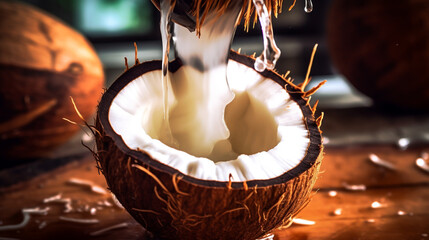  a coconut being cracked open to extract fresh coconut water for making pina coladas, AI-Generated - obrazy, fototapety, plakaty