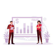 Two business people and women are standing in front of a board with the type of wages written on it. Trend Modern vector flat illustration.