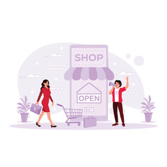 Beautiful woman walking and a saleswoman doing promotion. Smartphone background with an online shopping store. Online store concept and vintage style. Trend Modern vector flat illustration.