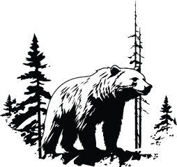 Obraz na płótnie Canvas Grizzly Bear In A Forest Logo Monochrome Design Style