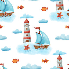 Obraz na płótnie Canvas Seamless pattern with cute sailboat, lighthouse, clouds, fish and starfish. Hand drawn illustration.