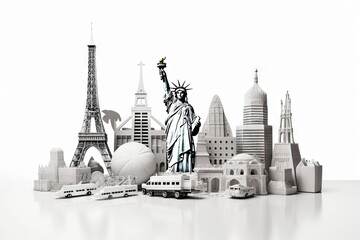 Travel concept around the world with landmarks, white background