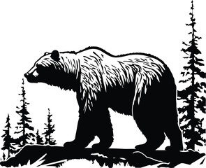 Fototapeta na wymiar Grizzly Bear In A Forest Logo Monochrome Design Style