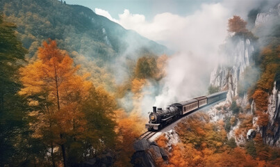 Fototapeta na wymiar a wooden steam train in the mountains with mountains in the background
