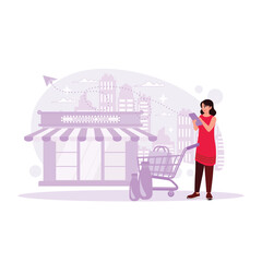 Young women in casual clothes, shopping in the supermarket, some items in trolleys, checking with smartphones. Trend Modern vector flat illustration.