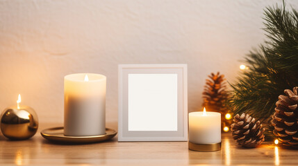 Empty Square Photo frame Mockup with candles and Christmas ornaments and Christmas tree on wooden table.Minimalist Christmas.Scandinavian Christmas decoration.Hygge style made with Generative AI.