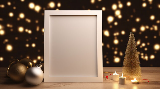 Empty Photo frame Mockup with candles and Christmas ornaments and SmallChristmas tree on wooden desk.Minimalist Christmas.Scandinavian Christmas decoration.Hygge style made with Generative AI.