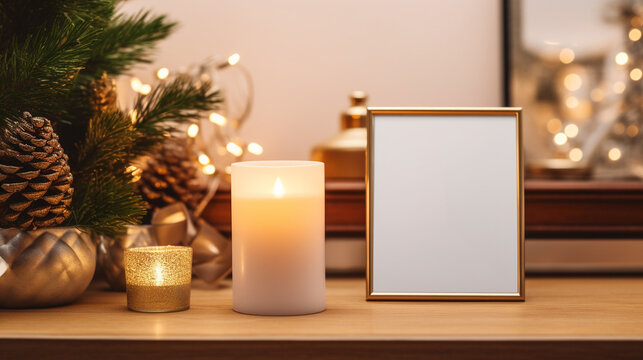 Blank Gold Photo Frame Mockup With Candles And Christmas Ornaments And Christmas Tree On Wooden Desk.Minimalist Christmas.Scandinavian Christmas Decoration.Hygge Style Made With Generative AI.