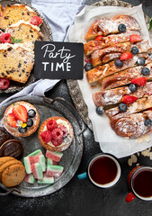 Dessert table. Top view, Summer cakes