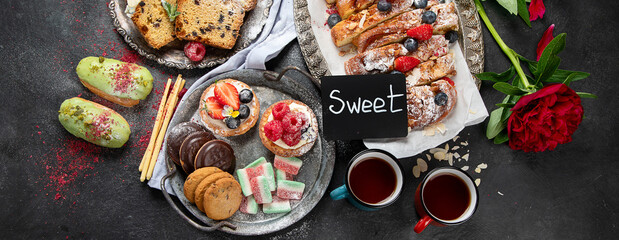Dessert table. Top view, Summer cakes