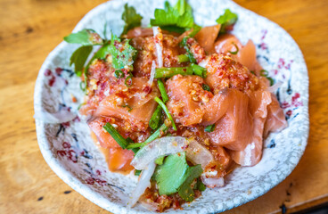 salmon sashimi with spicy sauce in Japanese restaurant, Japanese Food