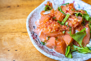salmon sashimi with spicy sauce in Japanese restaurant, Japanese Food