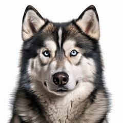 Illustration, AI generation. Alaskan Malamute face shot , isolated on white background. Pet, dog.
