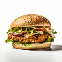 Illustration, AI generation. One vegan burger on white background. shot.