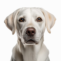 Illustration, AI generation. white labrador face shot , isolated on white background. Pet, dog.