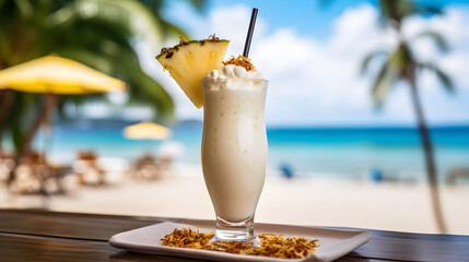 Illustration, AI generation. Pina colada in a glass, tropical background. caribbean long drink.