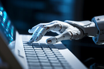 White robotic cyborg pressing a keyboard on a laptop. Generative AI