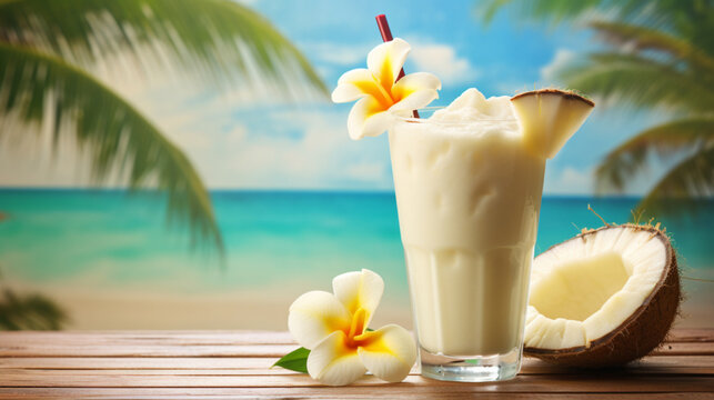 Illustration, AI generation. Pina colada, tropical background. caribbean long drink.