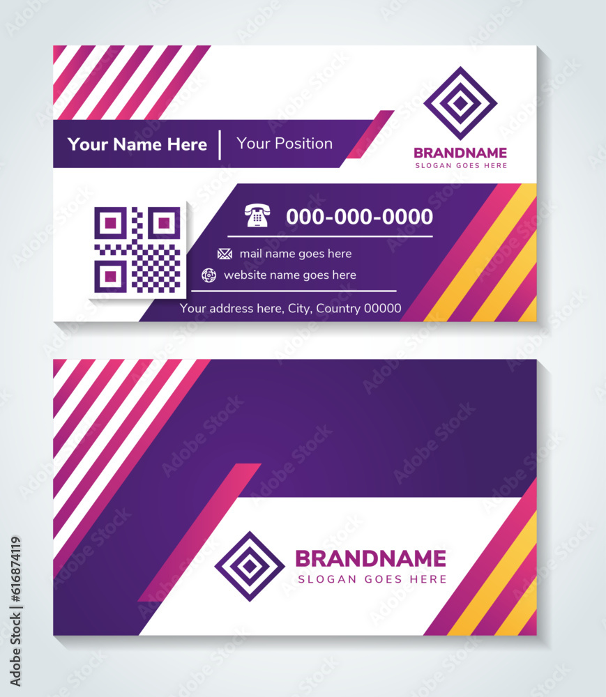 Poster set of double sided business card templates with random diagonal stacked bars on purple and white ba