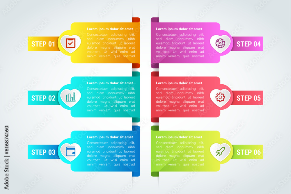 Poster 6 steps of design thinking process in horizontal colorful flow chart with emphasize, define, ideate,