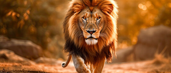The King of the Jungle in a nature reserve in the African savanna. The lion's roar is great for ecotourism and travel