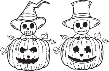 halloween skelton ghost cartoon pumpkin icons set Hand drawn Outline Simple vector illustration