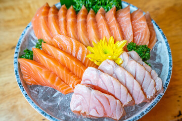 salmon sashimi and sushi in Japanese restaurant, Japanese Food