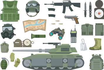 Set of military equipment on white background