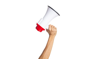 male hand holding a megaphone on a white background with clipping path - obrazy, fototapety, plakaty