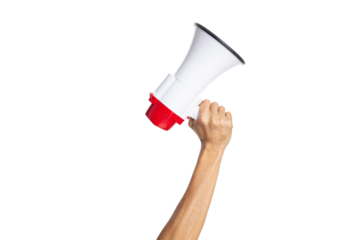 male hand holding a megaphone on a white background with clipping path