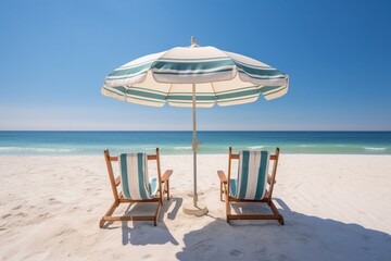 Fototapeta premium Two beach chairs and an umbrella on a white sand beach. Generative AI.