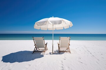 Two beach chairs and an umbrella on a white sand beach. Generative AI.
