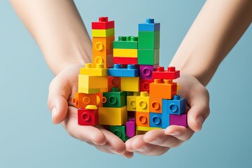 Close up of a childs hand holding a colorful set of building blocks. Generative AI.