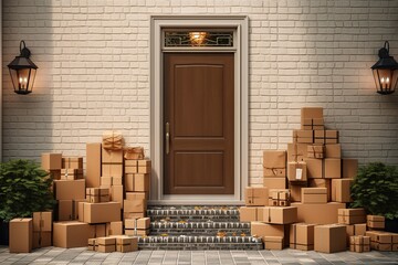 Many cardboard boxes in front of house door. Generative AI.
