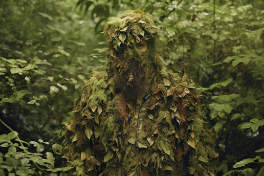 Man dressed as the forest standing in the forest, camouflaged. Generative AI.