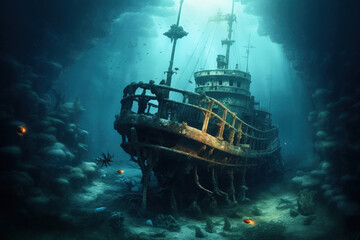 Sunken ship at the bottom of the ocean. Generative AI.