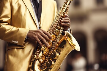 Obraz premium Man playing the saxophone. Generative AI.