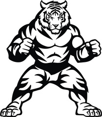 Tiger Mascot Standing On Feet Superhero Action Character Logo Monochrome Design Style