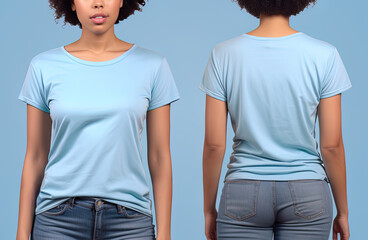 Photo realistic female blue t-shirts with copy space, front, and back view