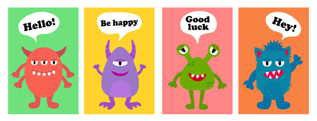 Cartoon and funny monsters cards with text. Set of cute monster greeting or invitation card. Be happy. Good luck. Vector illustration.