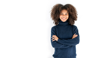 African american Business Girl Smiling At Camera Crossing Hands On White Studio Background. Copy Space, Isolated