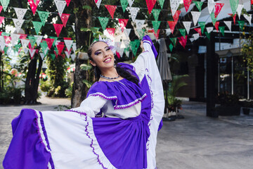 Latin Woman in Traditional Mexican Dress Dancing at parade or cultural Festival in Mexico Latin America, hispanic people in independence day