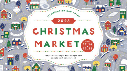 クリスマス向け広告テンプレート／冬の街並みのフレーム（横向き16:9）