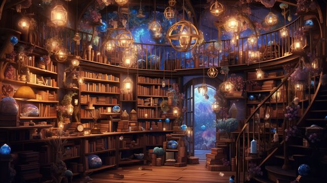 magical bookshelf, digital art illustration
