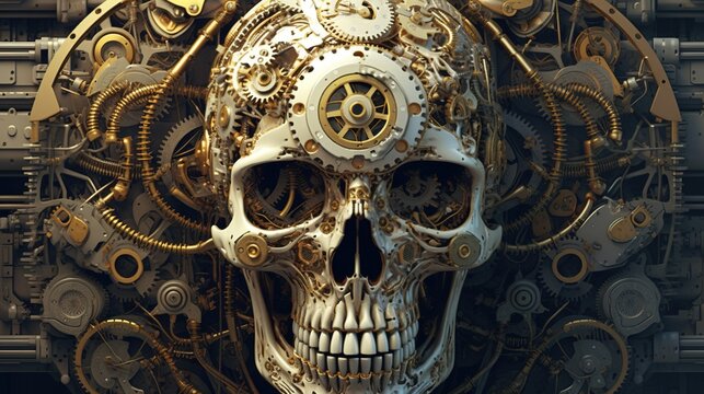 mechanical skull, digital art illustration
