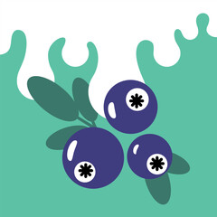 Sweet, juicy berry for healthy breakfasts. Filler for ice cream, yogurt. Blueberry in flat geometric style. Yogurt drips. Design element for labels, stickers. Spreading confectionery liquid.