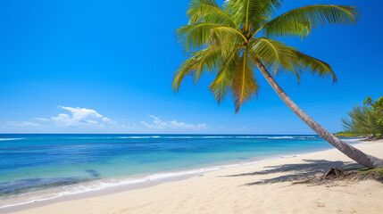 Fototapeta na wymiar beautiful beach with clear sea blue sky and coconut tree on sunny day. generative AI
