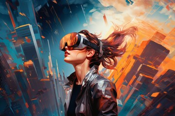 Woman with VR goggles in front of modern big city skyscrapers as background. Cartoon style. Created using generative AI