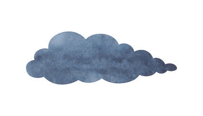 Watercolor, dark, gloomy, rainy, grey, indigo cloud isolated on white background. Drawn by hand on paper. Element for design and decoration. Space for text and dialogue.